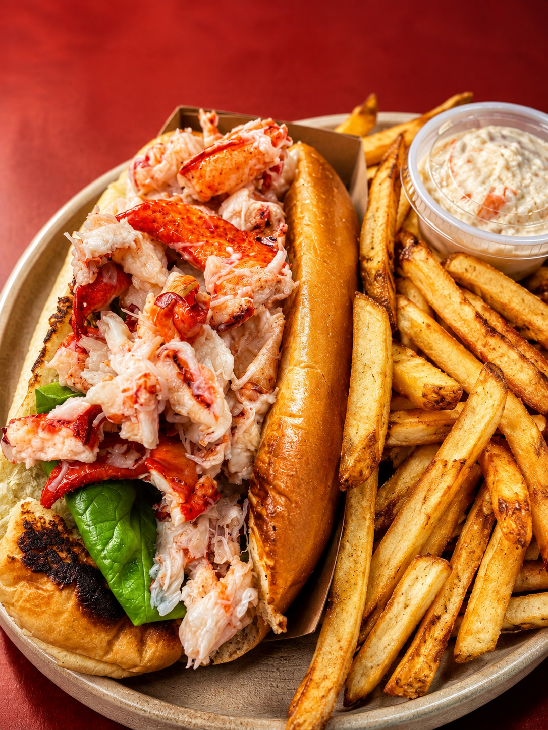 Lobster roll with fries and coleslaw