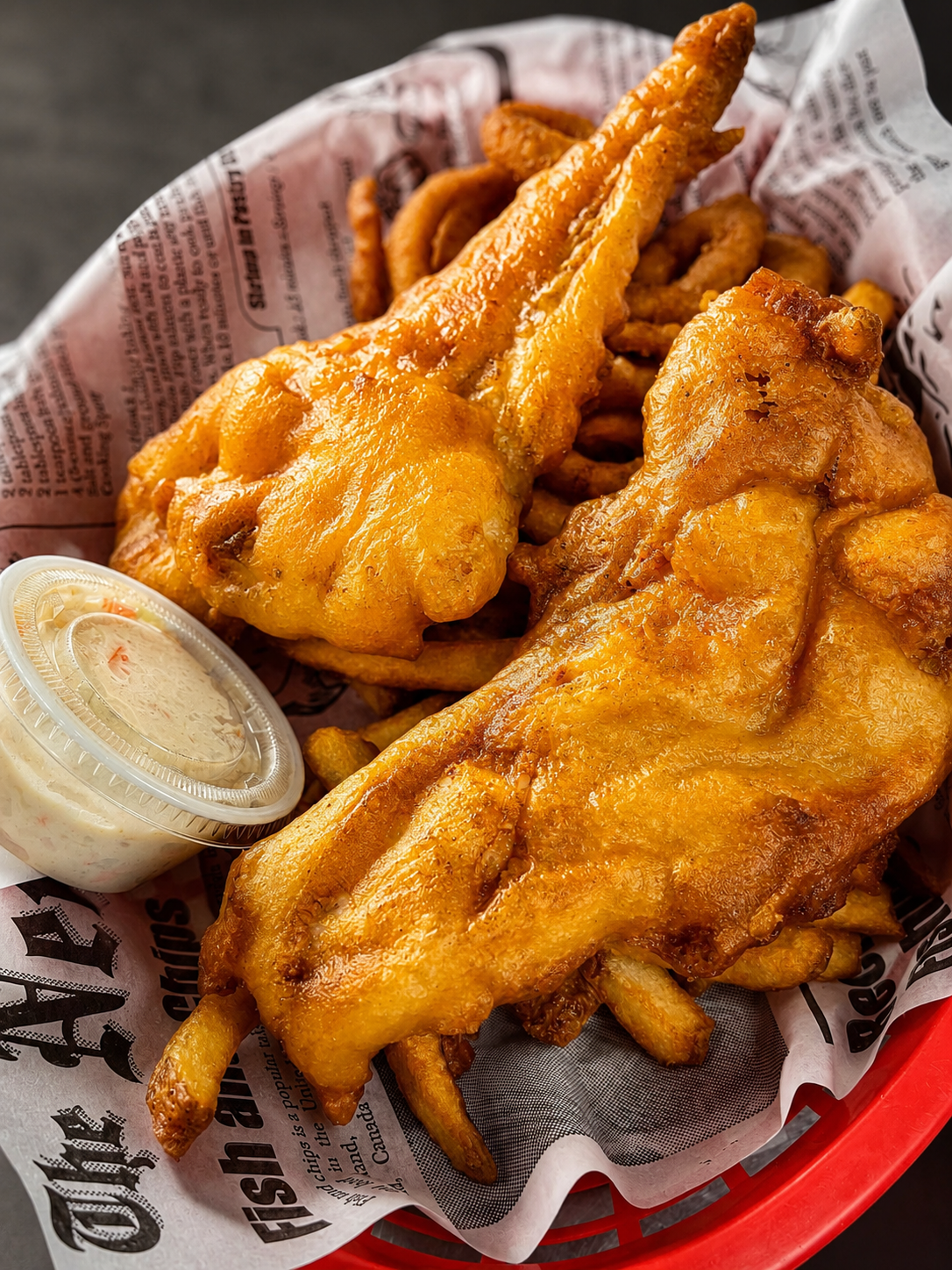 Three pieces of battered fish with fries and coleslaw