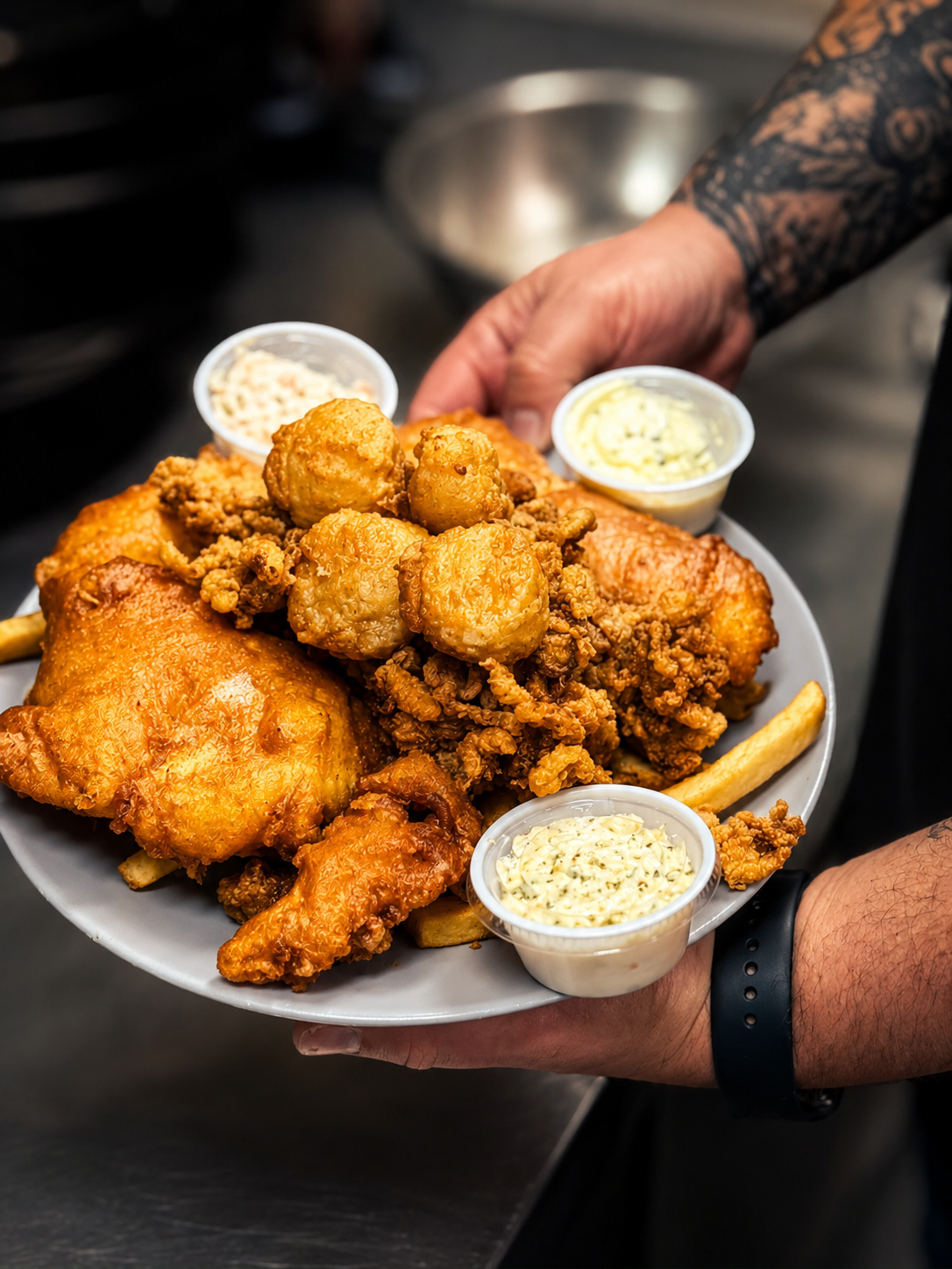 A generous fried seafood platter being carried from the kitchen