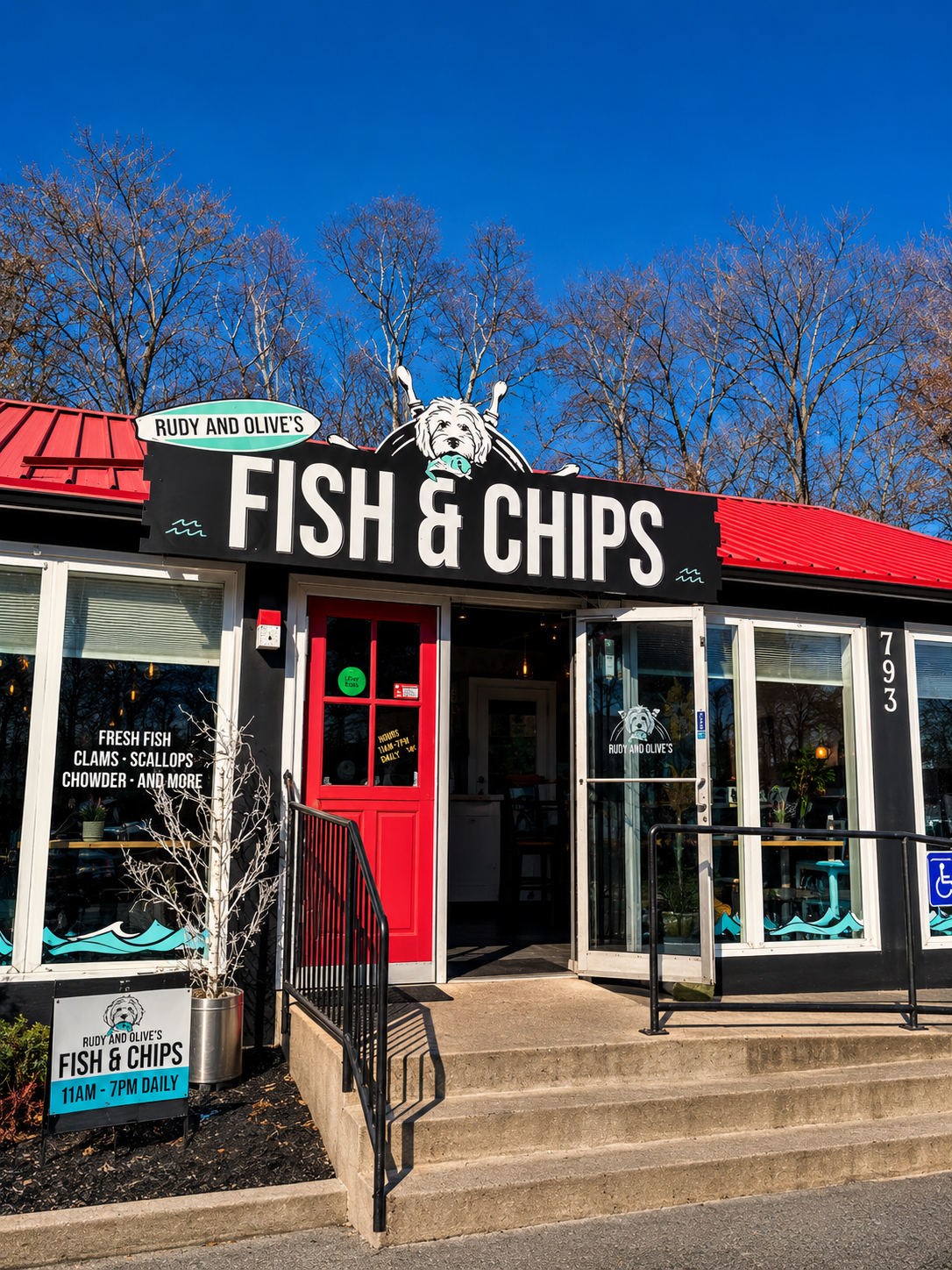 The front entrance of Rudy and Olive's Fish and Chips in Bedford