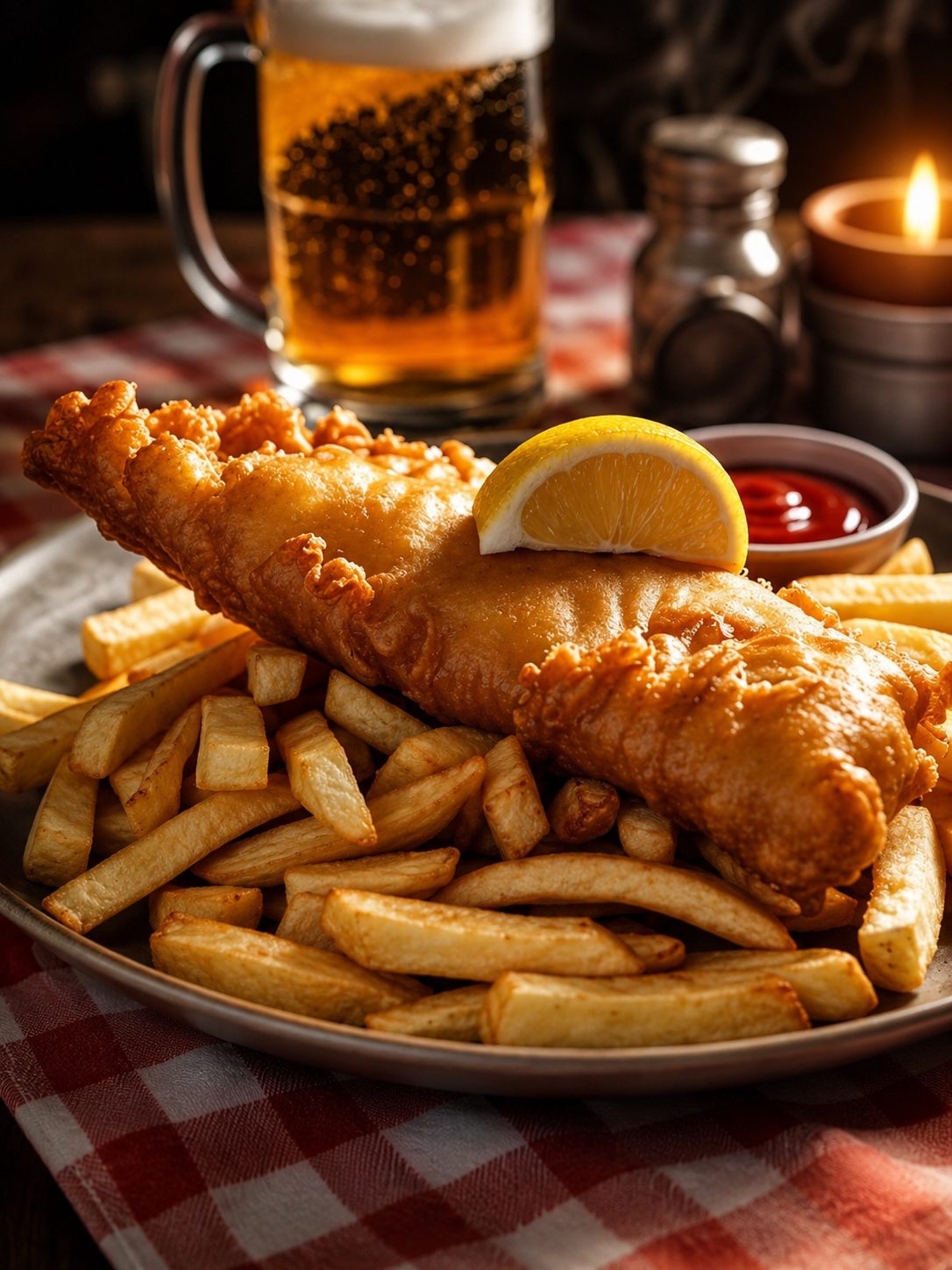 Battered fish with chips, lemon and beer