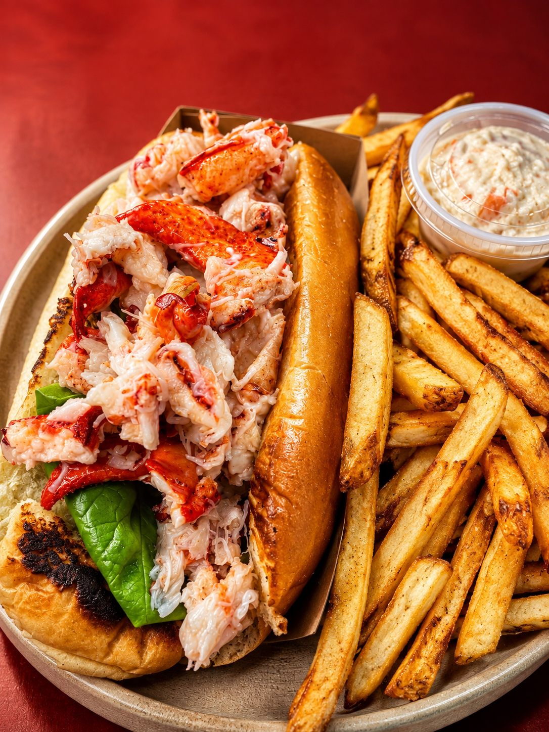 Lobster roll with fries and coleslaw